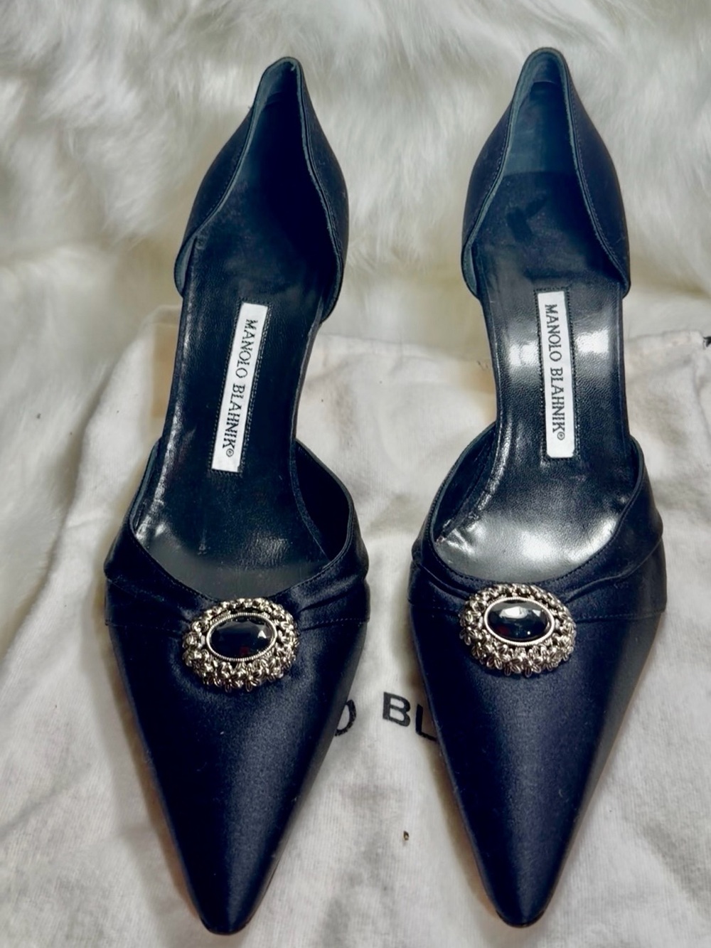 Manolo Blahnik Black Satin Pointed D'Orsay Pumps with Jeweled Brooch